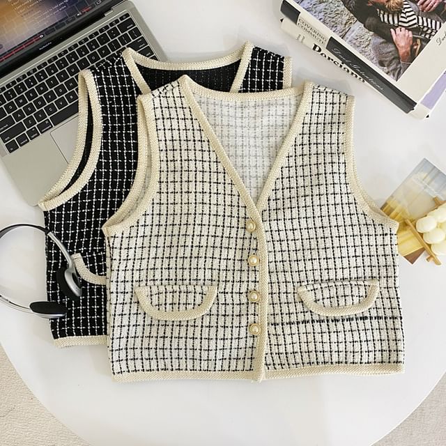 Iasia-V-Neck Plaid Tweed Button Cropped Vest