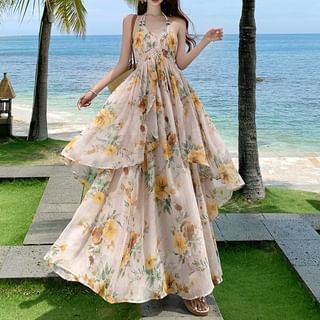 Nebbia Halter-Neck Floral Print Asymmetrical Midi A-Line Layered Sundress Sale