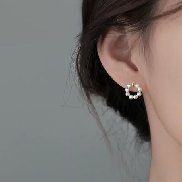 Toinianimos-925 Sterling Silver Faux Pearl Stud Earring