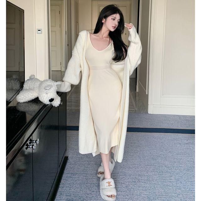 Alfie - Sleeveless Plain Slim-Fit Knit Dress / Long Cardigan | YesStyle Alfie - Sleeveless Plain Slim-Fit Knit Dress / Long Cardigan | YesStyle