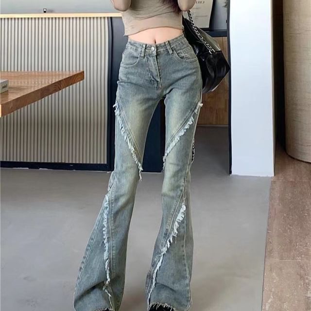 Maisee-Mid Rise Washed Distressed Flared Jeans