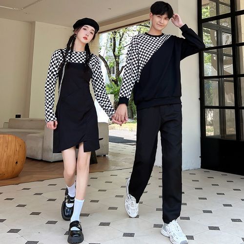 Azure - Couple Matching Long-Sleeve Round Neck Checker T-Shirt