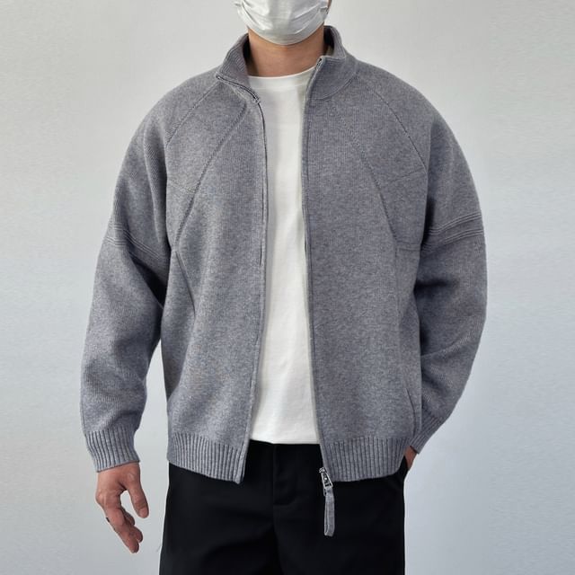 DragonRoad-Stand Collar Plain Zip Cardigan