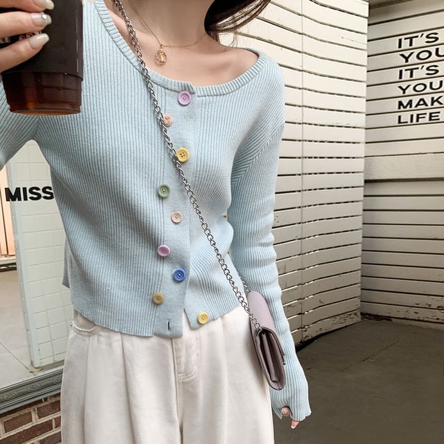 CRIBI-Round Neck Button Down Long Sleeve Cropped Cardigan