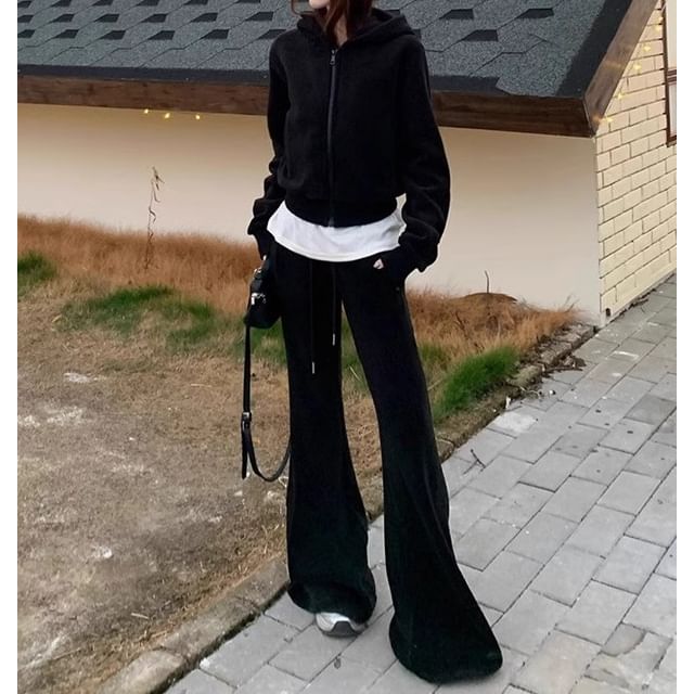 Trendycas-Plain Zip-Up Hoodie Flared Sweatpants