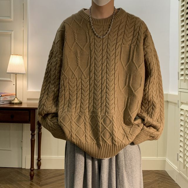 emeisa-Crew Neck Cable Knit Sweater