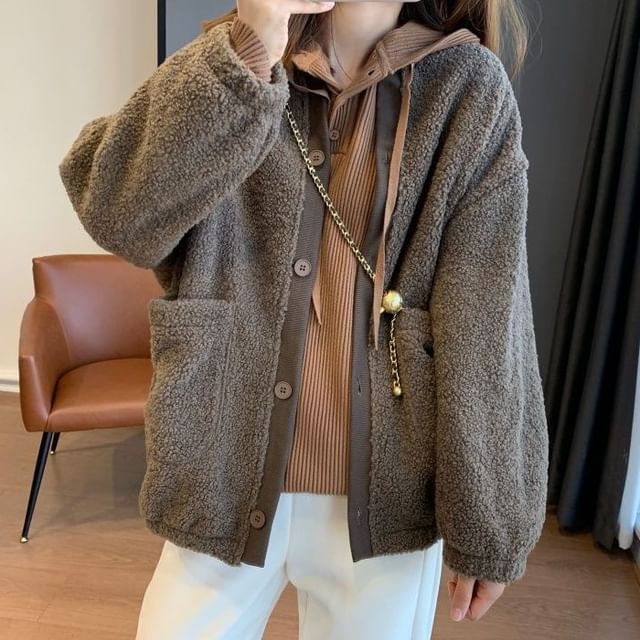 Cloud Nine-Plain Hooded Fleece Button Jacket