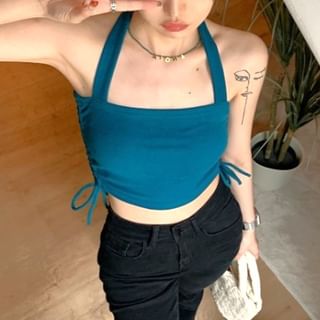 Yako-Halter Plain Drawstring Knit Crop Top