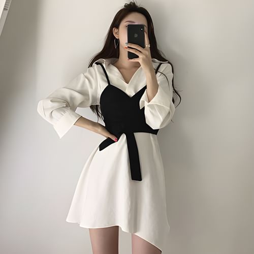 Set: Long-Sleeve Plain Mini Shirt Dress + Wrap Camisole Top