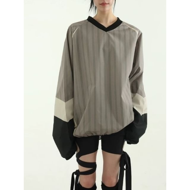 PINPI-Long Sleeve V-Neck Striped Raglan Top