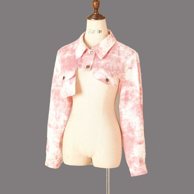 MIOW-Long-Sleeve Collar Tie Dye Asymmetrical Button Shrug