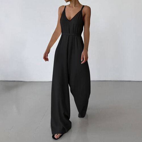 Spaghetti Strap V Neck Plain Jumpsuit