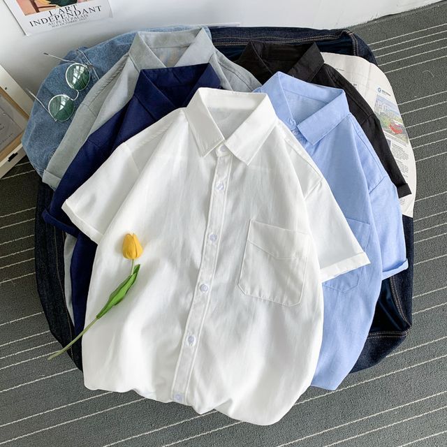 Lorencho-Short-Sleeve Collared Plain Shirt