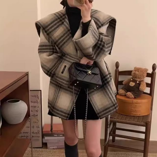 MIKIGA-Lapel Collar Plaid Woolen Coat