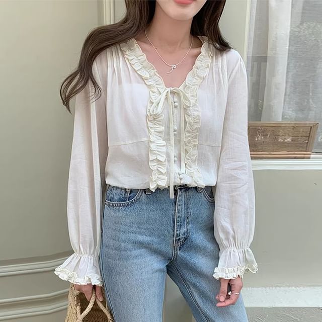 Coris-Puff-Sleeve V-Neck Plain Ruffle Blouse