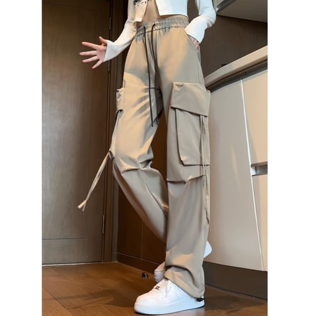 Samso-Mid Rise Plain Wide Leg Cargo Pants