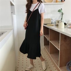 Yako - Flared Hem Midi Pinafore Dress Yako - Flared Hem Midi Pinafore Dress