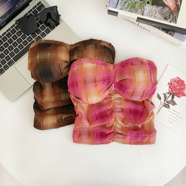 Iasia-Plaid Shirred Tube Top