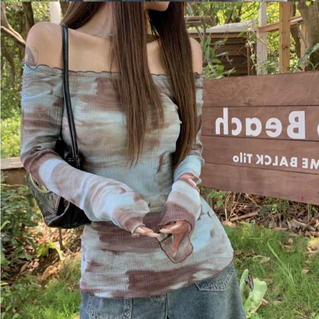 OGAWA-Off-Shoulder Tie-Dyed Mesh Top
