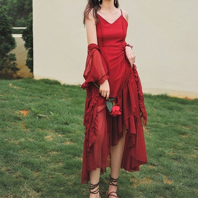 shawl a-line dress Floor Length V-Neck Aubergine A-Line Mother Of The Bride Dress with Shawl