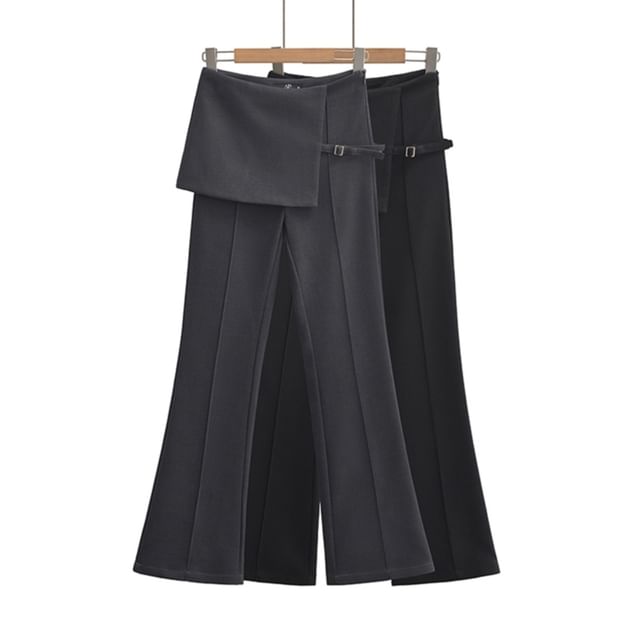 Ulark-High Waist Plain Buckled Skirt Overlay Flared Pants