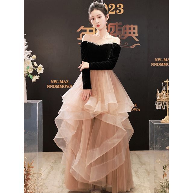 green emerald velvet dress Ruffled Trim Mermaid Skirt Evening Dress main image 1