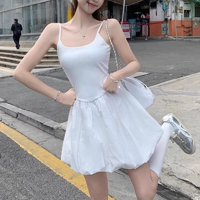 Trendycas-Spaghetti Strap Scoop Neck Plain Bubble Hem Mini A-Line Dress
