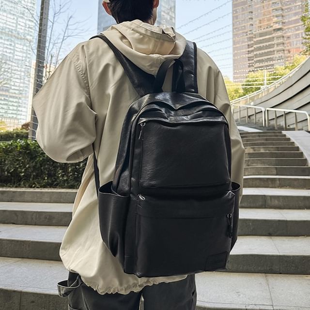 HOVERUP-Plain Faux Leather Laptop Backpack