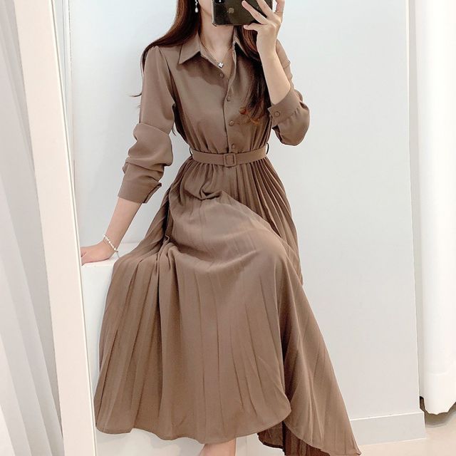 Lewwe - Long-Sleeve Plain Maxi Pleated Shirt Dress | YesStyle