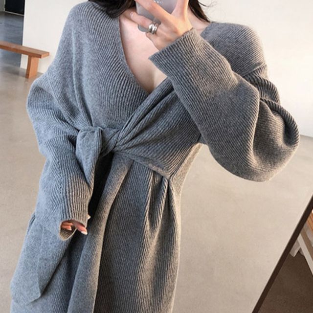 HOGUS - Long-Sleeve Wrap Sweater Dress | YesStyle