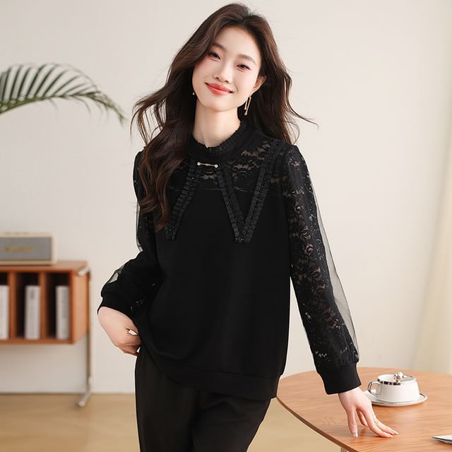 Jeonseon-Long-Sleeve Plain Frill Trim Lace Panel Pullover
