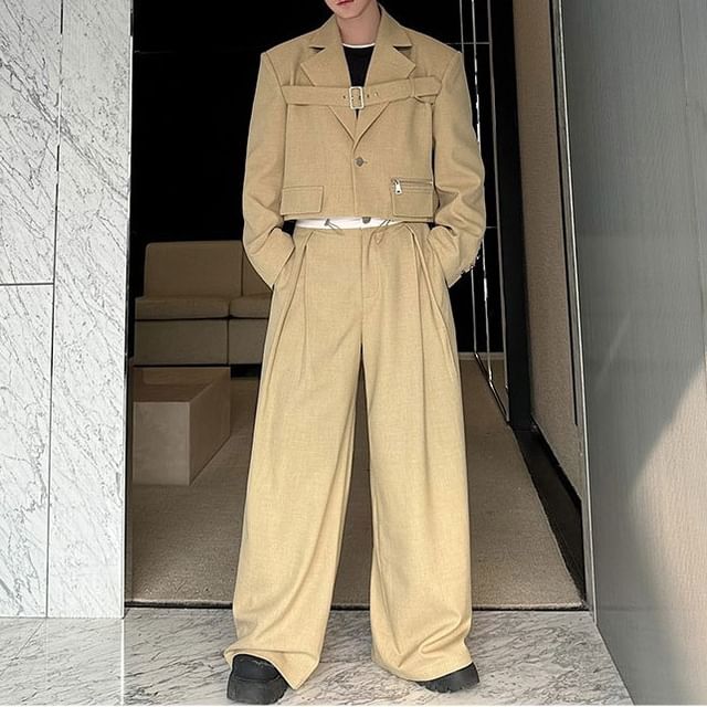 Omozando-Set Lapel Collar Plain Crop Single Button Blazer High Waist Plain Pleated Wide Leg Pants