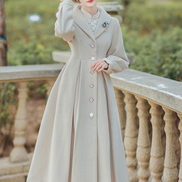 Puff-Sleeve Mock Neck Plain Lace Panel Midi A-Line Dress / Midi Single-Breasted Coat / Brooch / Set Puff-Sleeve Mock Neck Plain Lace Panel Midi A-Line Dress / Midi Single-Breasted Coat / Brooch / Set