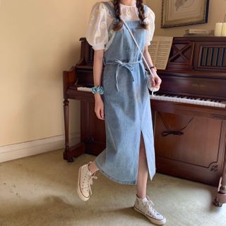 knee length dresses for ladies Pine Green Cotton Linen V-Neck Midi Pinafore Dress 54" / Custom Height (Free)