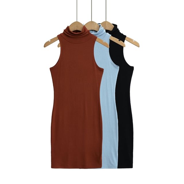 Ulark-Halter Turtleneck Plain Ribbed Mini Bodycon Dress