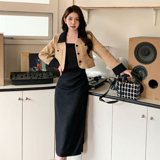 Hulkoplein - Set: Spaghetti Strap Plain Midi Bodycon Dress + Collared Two  Tone Button Jacket | YesStyle