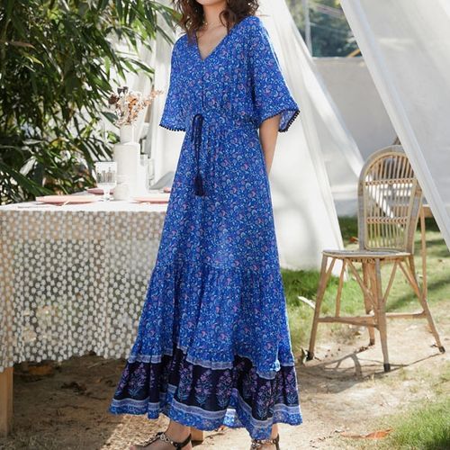 Survenir - Elbow-Sleeve Floral A-Line Maxi Dress | YesStyle