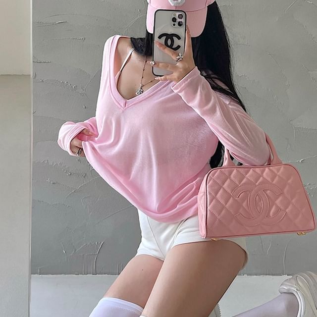 RainGirl-Long-Sleeve V-Neck Plain T-Shirt