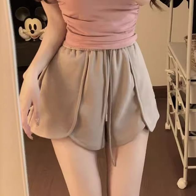 Dovitade-Drawstring Waist Plain Panel Sweat Shorts