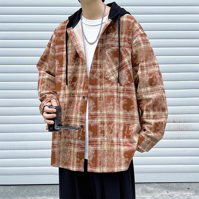 Stone Leo-Plaid Hooded Button Jacket
