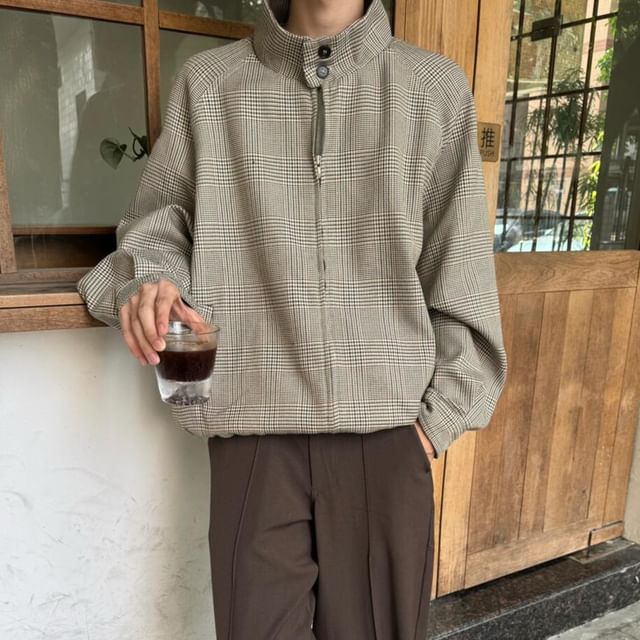 DragonRoad-Stand Collar Plaid Zip Jacket