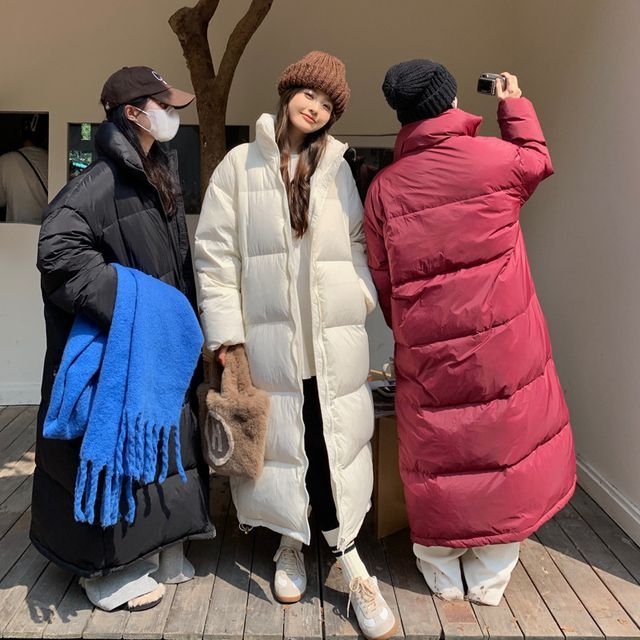 Sienne-Stand Collar Plain Midi Zip Puffer Coat