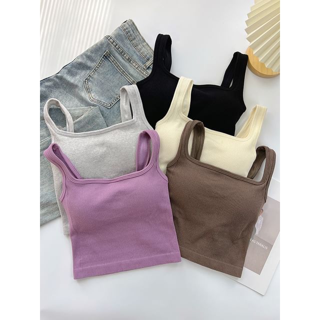 DIYI-Square Neck Ribbed Knit Padded Crop Tank Top
