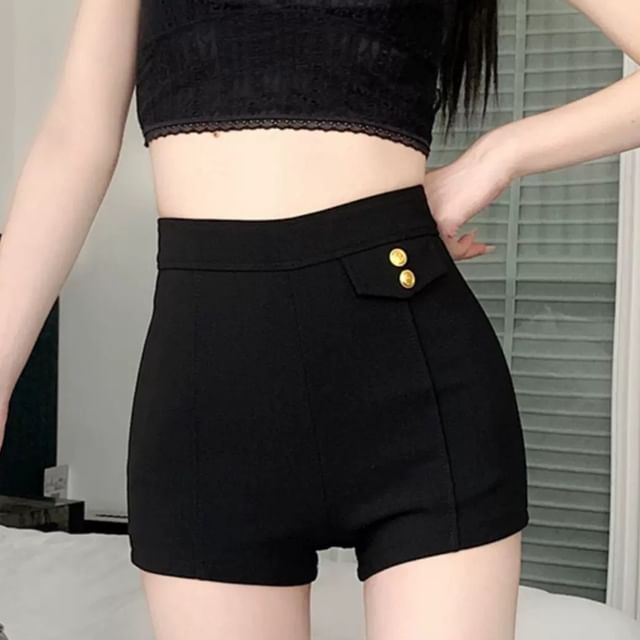 monroll-High Waist Plain Button Accent Hot Pants