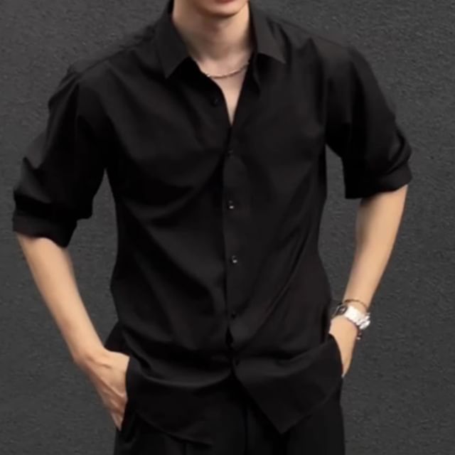 DragonRoad-Long Sleeve Collared Plain Shirt