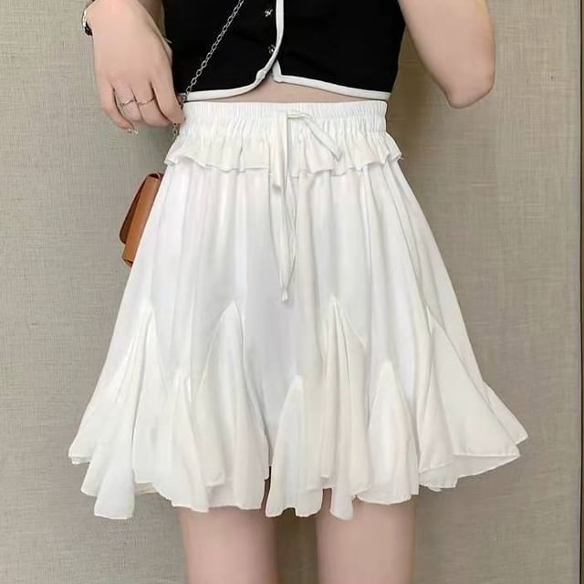Sisyphi-High Rise Plain Ruffle Trim Mini A-Line Skirt