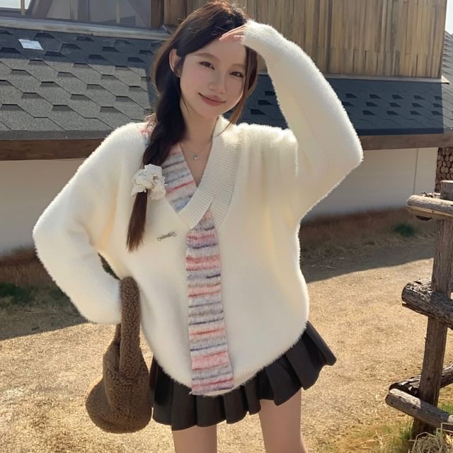 Beem-V-Neck Striped Panel Oversized Sweater