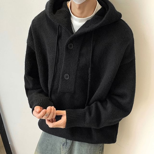 Omozando-Henley Plain Hooded Sweater