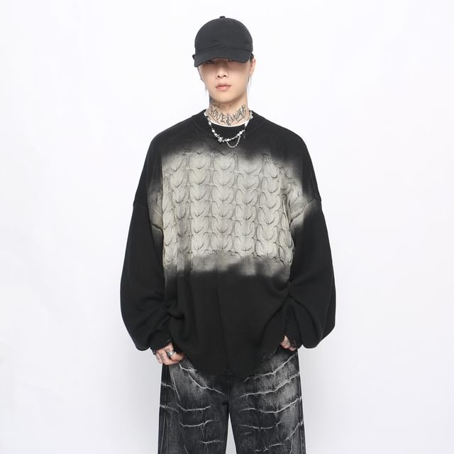Derbundy-Crew Neck Two Tone Cable Knit Oversized Sweater
