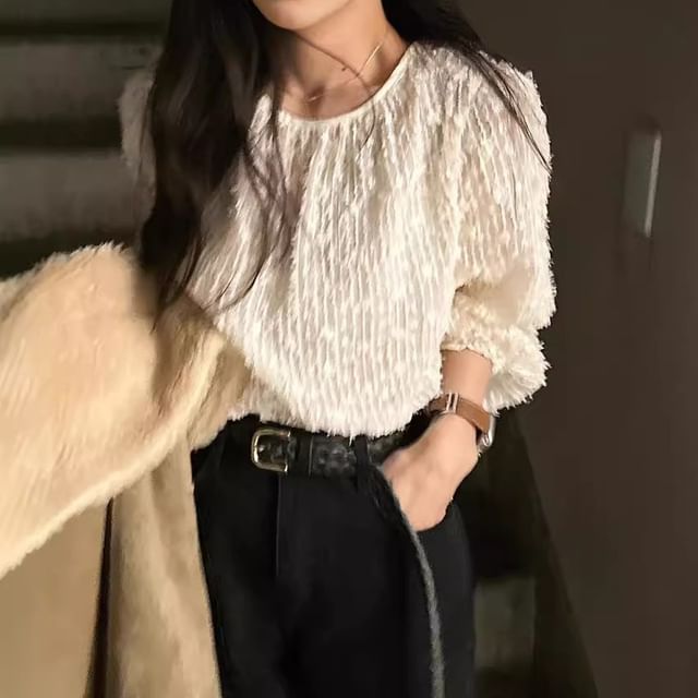 Tulstrix-Long Sleeve Round Neck Lace Crop Top